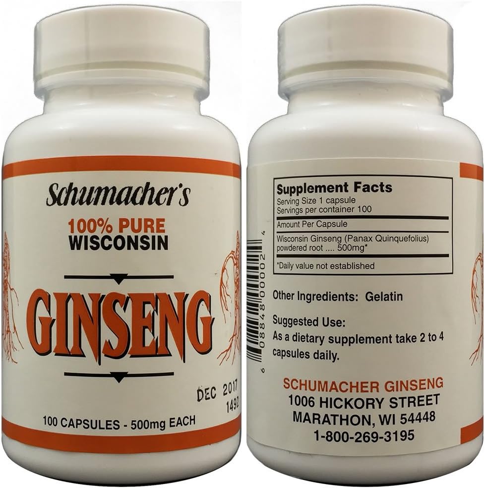 Pure Wisconsin Ginseng Capsules - 100 Capsules, 500mg - Schumacher Ginseng's Finest Ginseng Supplement