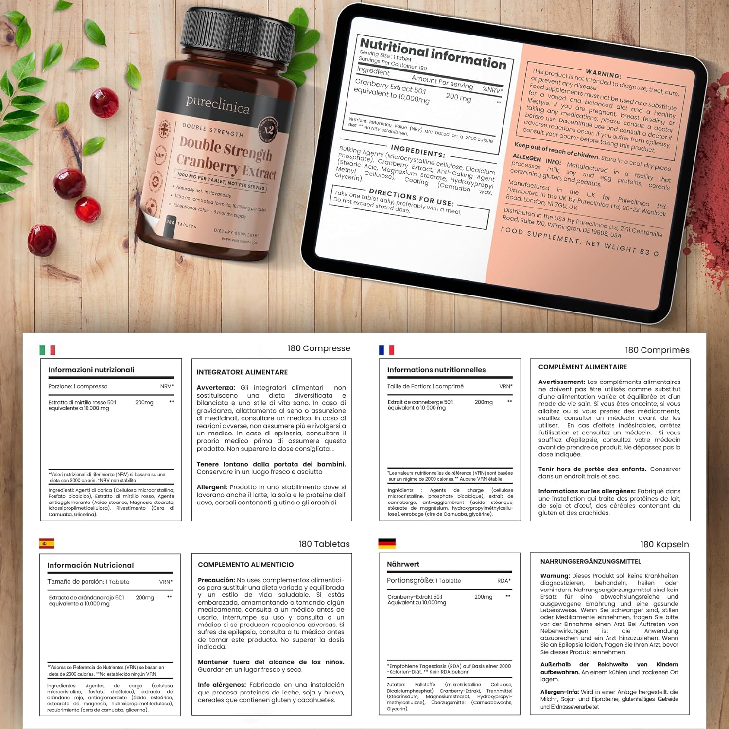 pureclinica 10,000mg Double Strength Cranberry Extract Tablets x 180 - 6 Months Supply - BoostGo Australia