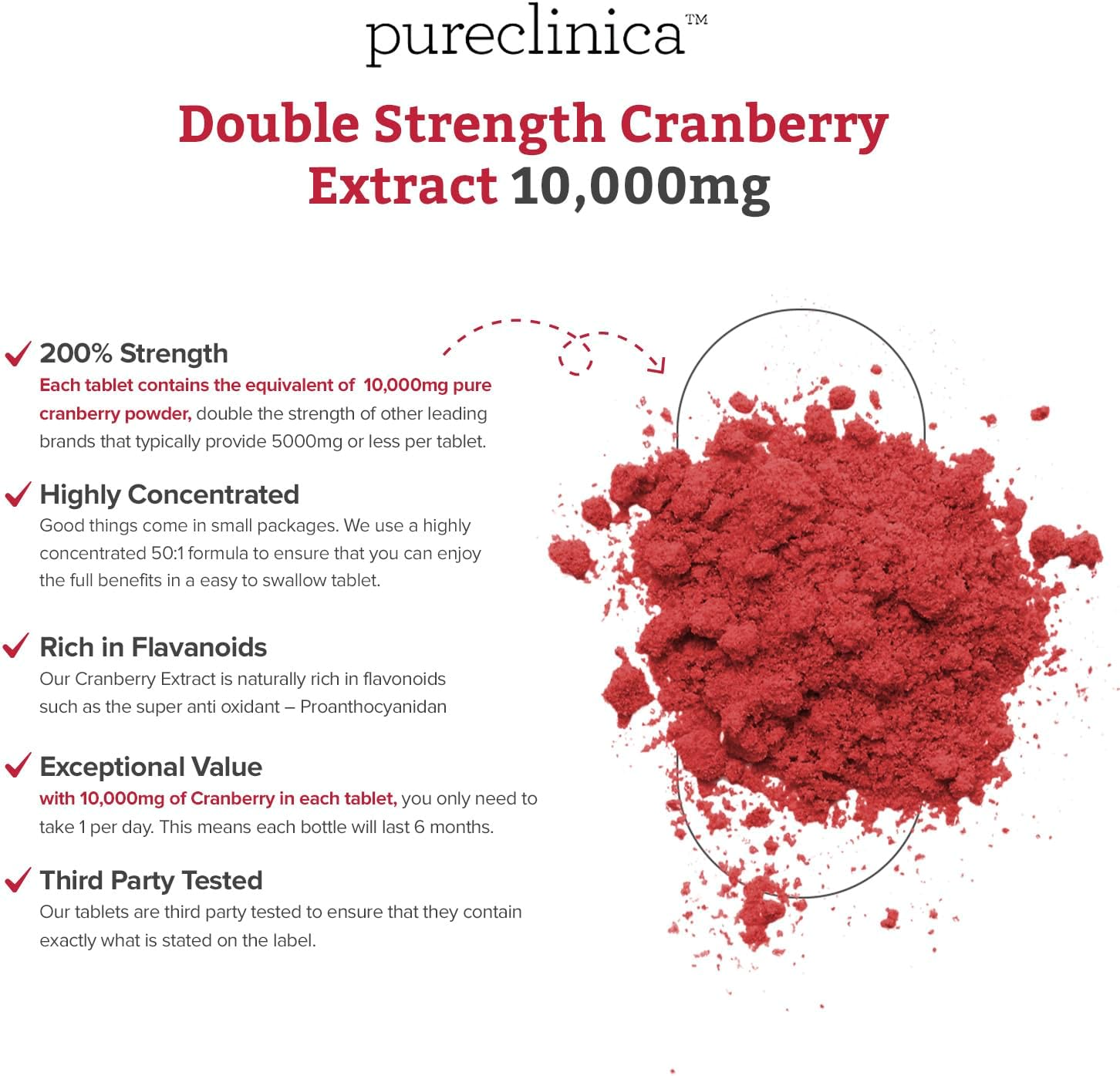 pureclinica 10,000mg Double Strength Cranberry Extract Tablets x 180 - 6 Months Supply - BoostGo Australia