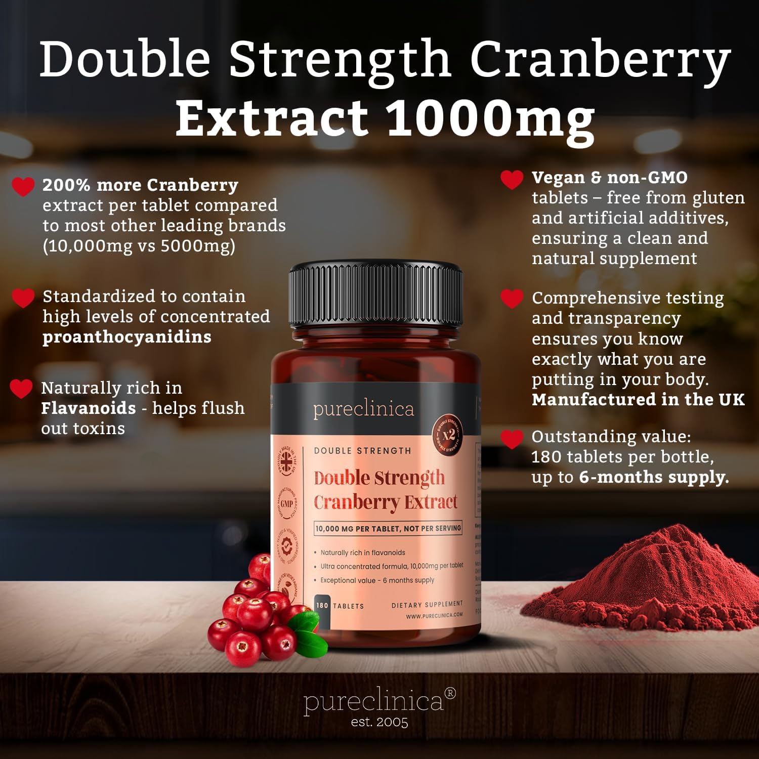 pureclinica 10,000mg Double Strength Cranberry Extract Tablets x 180 - 6 Months Supply - BoostGo Australia