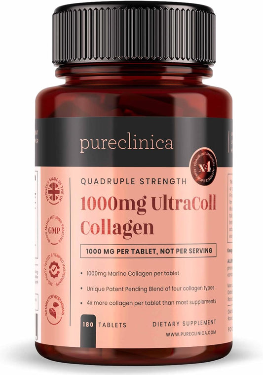 Pureclinica UltraColl Marine Collagen 1000mg x 180 Tablets - Anti-Aging Formula with Patented Collagen Types I, II, III, and VII for 6 Months Supply.