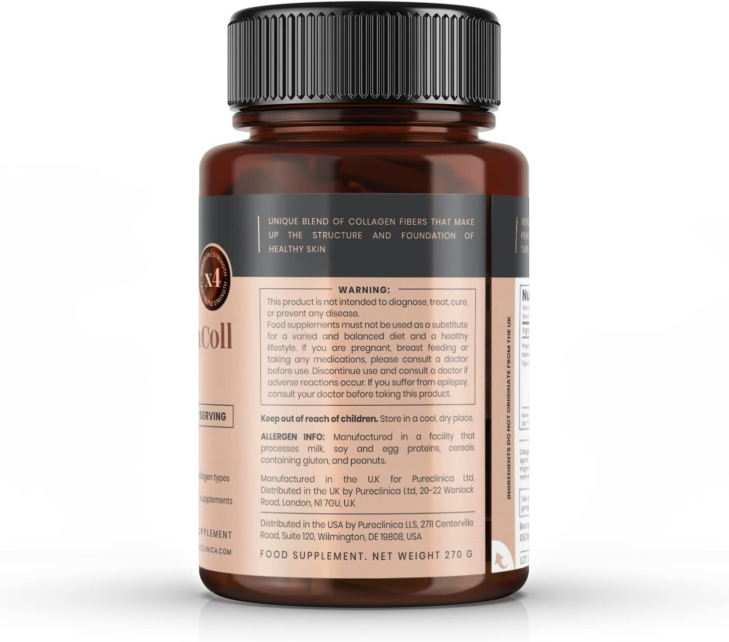 Pureclinica UltraColl Marine Collagen 1000mg x 180 Tablets - Anti-Aging Formula with Patented Collagen Types I, II, III, and VII for 6 Months Supply.
