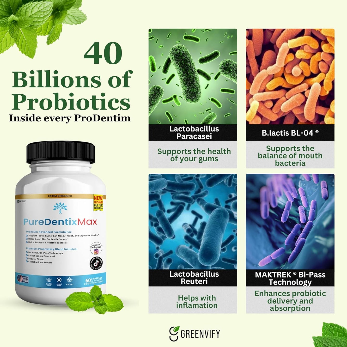 PureDentix Max Probiotic Supplement - Extra Strength Formula, 40 Billion CFU, 60 Capsules