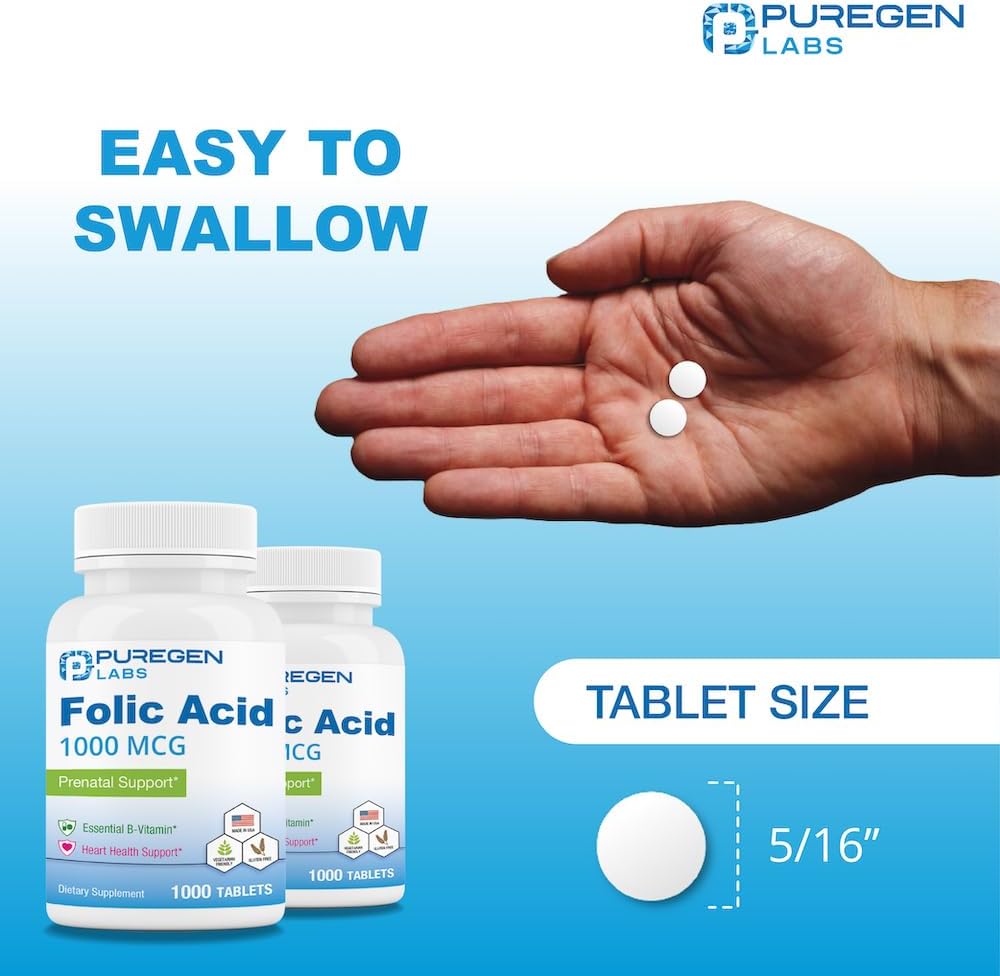 Puregen Labs Folic Acid 1000 mcg Tablets - Vitamin B9 Supplement - Non-GMO & Gluten Free - Made in USA - 1000 Tablets Value Size