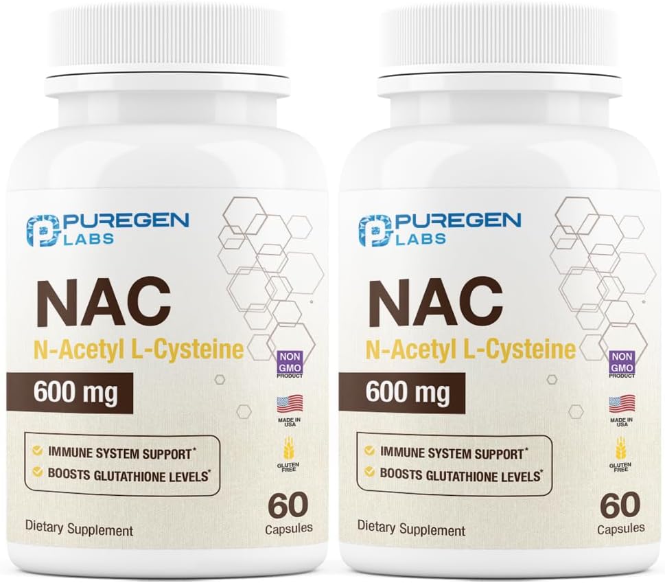 Puregen Labs N-Acetyl-L-Cysteine (NAC) 600mg Capsules - Supports Immune, Respiratory, and Liver Health - Potent Antioxidant - 120 Veggie Capsules