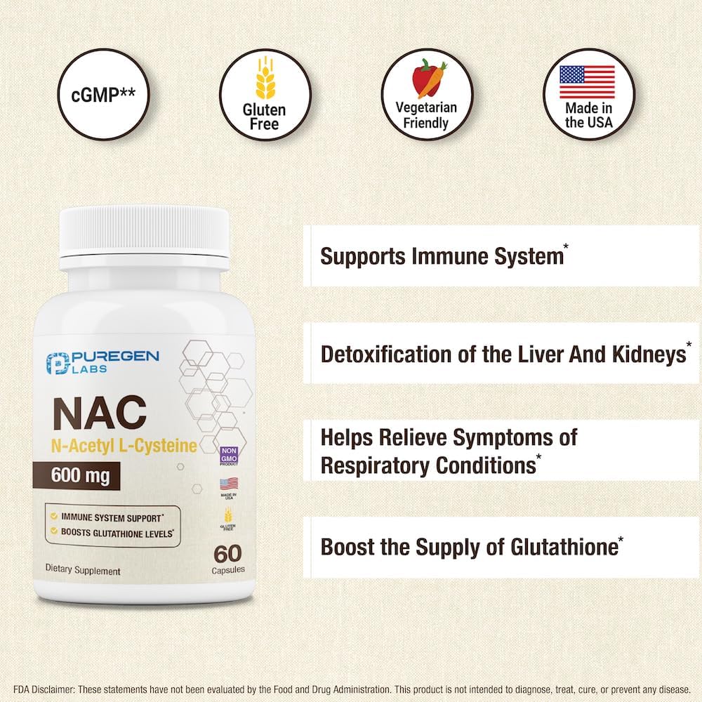 Puregen Labs N-Acetyl-L-Cysteine (NAC) 600mg Capsules - Supports Immune, Respiratory, and Liver Health - Potent Antioxidant - 120 Veggie Capsules