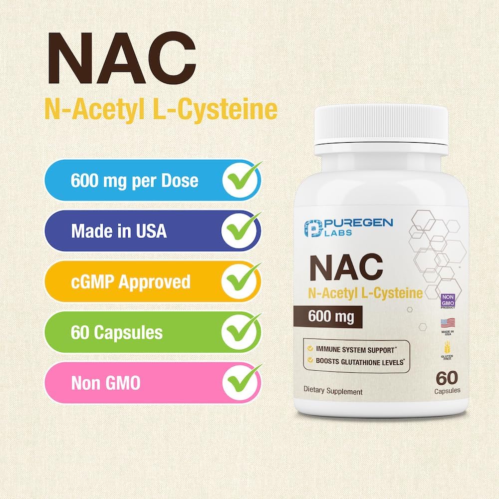 Puregen Labs N-Acetyl-L-Cysteine (NAC) 600mg Capsules - Supports Immune, Respiratory, and Liver Health - Potent Antioxidant - 120 Veggie Capsules