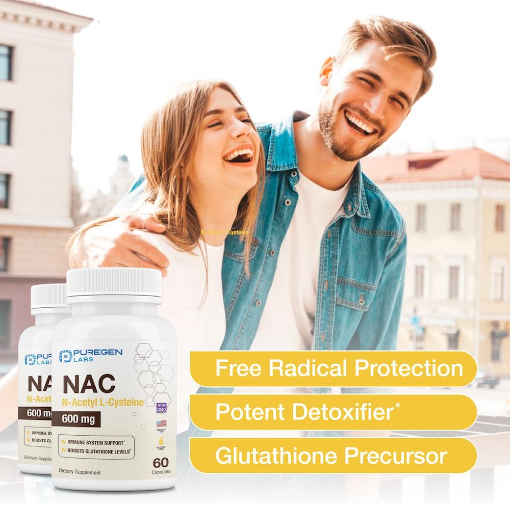 Puregen Labs N-Acetyl-L-Cysteine (NAC) 600mg Capsules - Supports Immune, Respiratory, and Liver Health - Potent Antioxidant - 120 Veggie Capsules