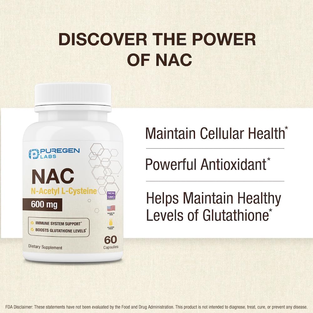 Puregen Labs N-Acetyl-L-Cysteine (NAC) 600mg Capsules - Supports Immune, Respiratory, and Liver Health - Potent Antioxidant - 120 Veggie Capsules