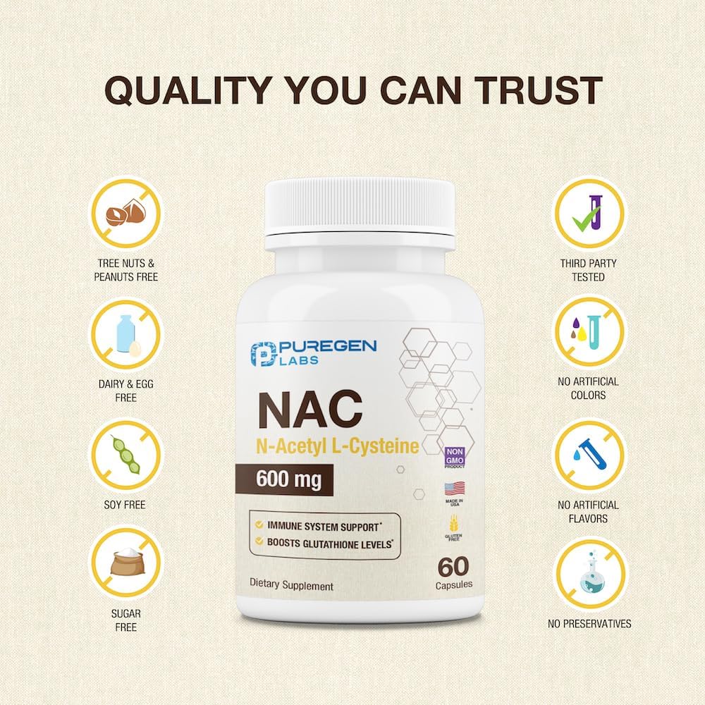 Puregen Labs N-Acetyl-L-Cysteine (NAC) 600mg Capsules - Supports Immune, Respiratory, and Liver Health - Potent Antioxidant - 120 Veggie Capsules