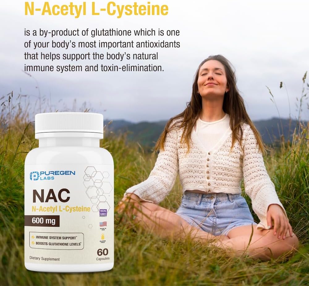 Puregen Labs N-Acetyl-L-Cysteine (NAC) 600mg Capsules - Supports Immune, Respiratory, and Liver Health - Potent Antioxidant - 120 Veggie Capsules