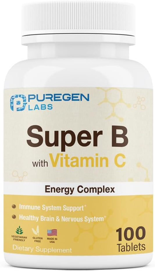 Puregen Labs Super B Energy Complex with Vitamin C - Immune Health & Energy Support - Non-GMO, Gluten-Free - 100 Vegetarian Tablets