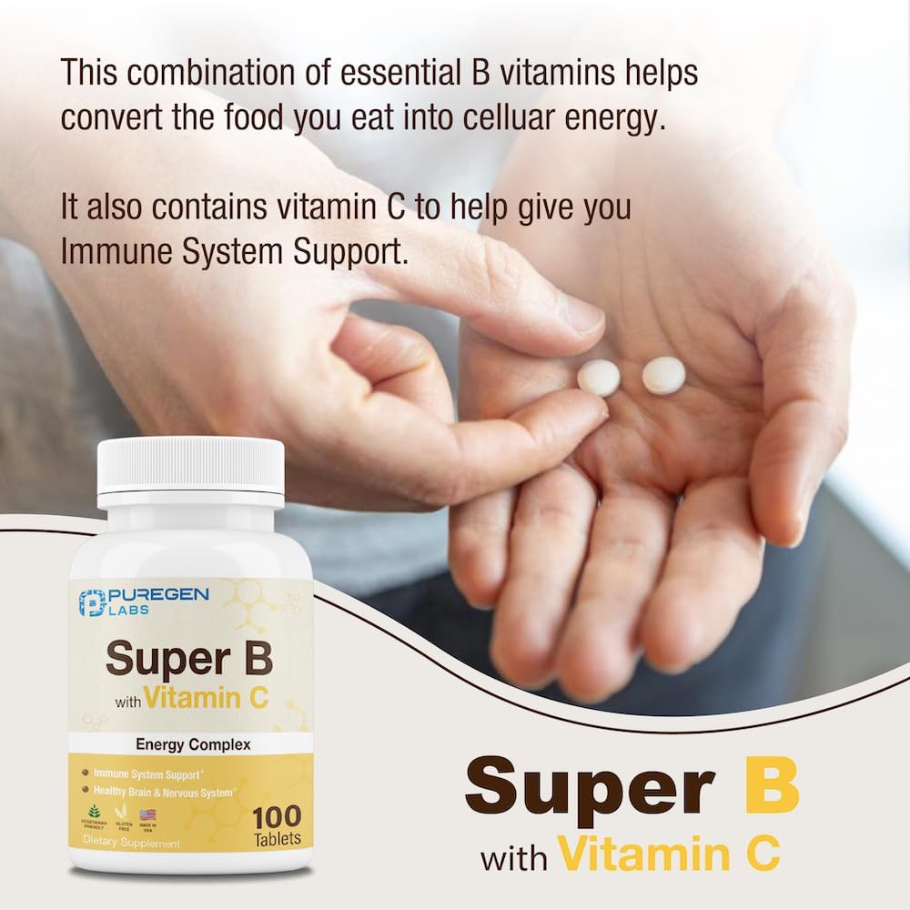 Puregen Labs Super B Energy Complex with Vitamin C - Immune Health & Energy Support - Non-GMO, Gluten-Free - 100 Vegetarian Tablets