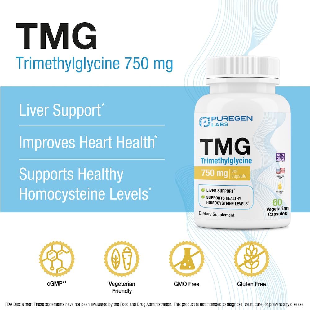 Puregen Labs TMG 750 mg Supplement for Healthy Homocysteine Levels - Non-GMO, Gluten-Free, Dairy-Free - Made in USA - 60 Capsules - BoostGo Australia
