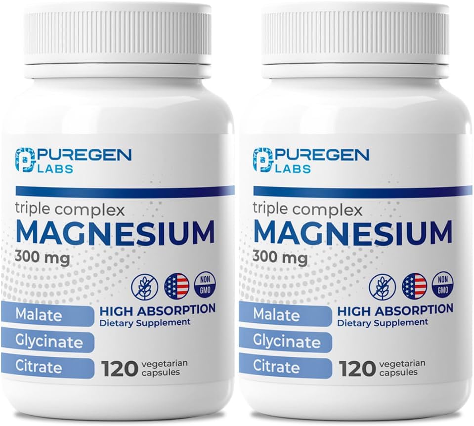 Puregen Labs Triple Magnesium Complex - 300mg Magnesium Glycinate, Malate, Citrate - 240 Veg Capsules - High Absorption - Non-GMO, Gluten Free - Made in USA - BoostGo Australia