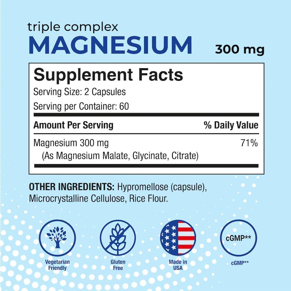 Puregen Labs Triple Magnesium Complex 300mg | High Absorption | 120 Veg Capsules | Non-GMO, Gluten-Free | Made in USA