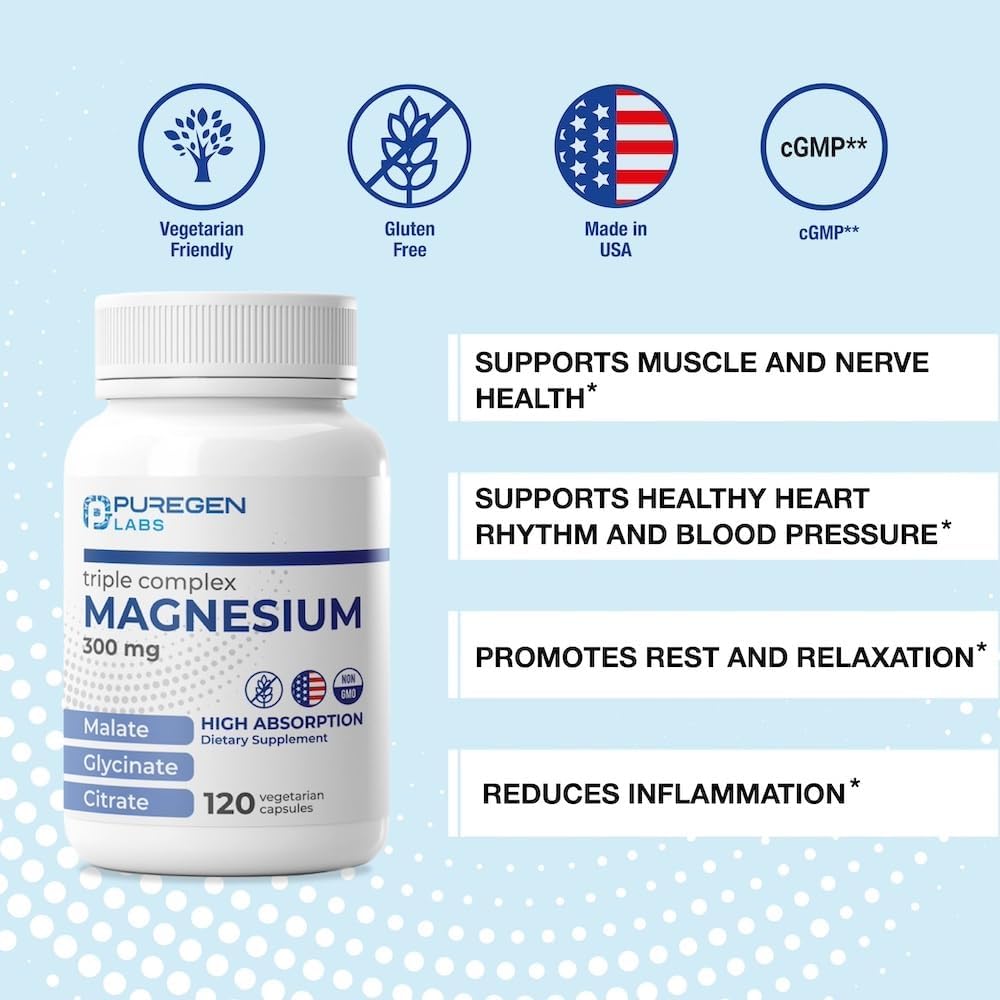 Puregen Labs Triple Magnesium Complex 300mg | High Absorption | 120 Veg Capsules | Non-GMO, Gluten-Free | Made in USA
