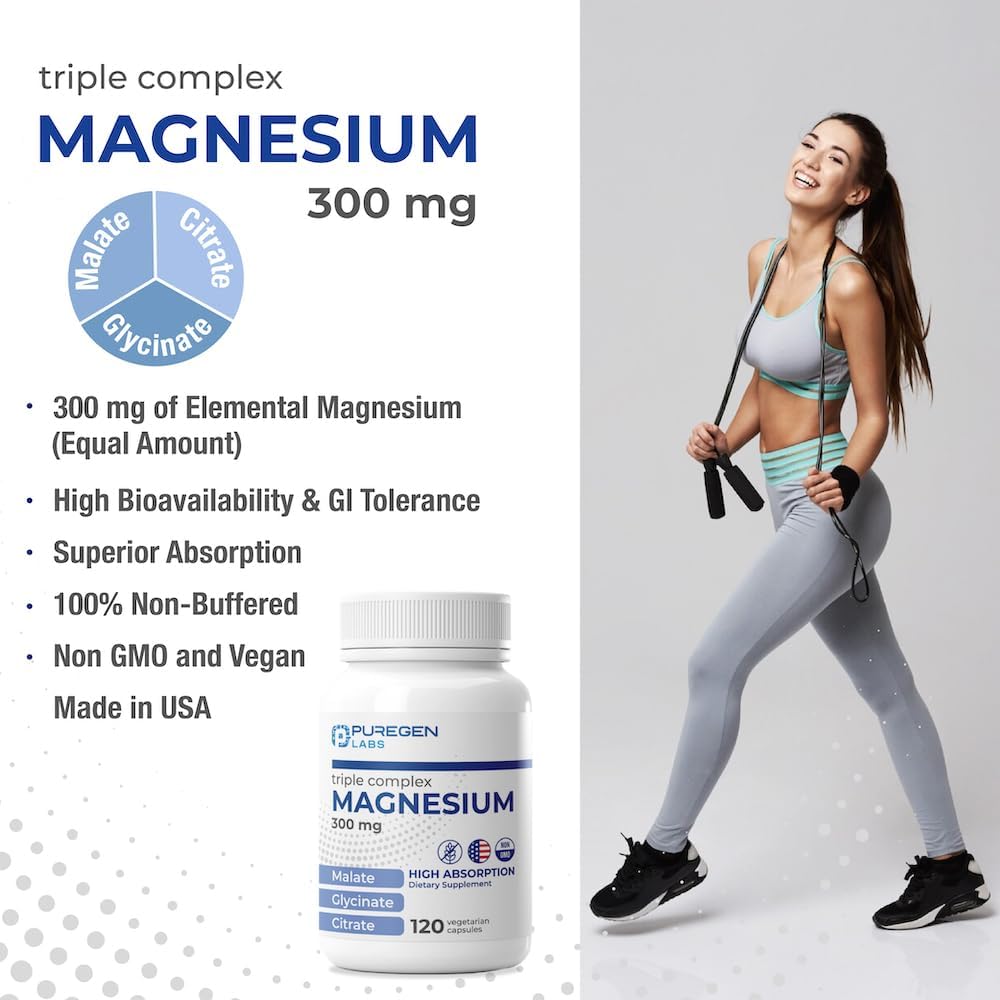 Puregen Labs Triple Magnesium Complex 300mg | High Absorption | 120 Veg Capsules | Non-GMO, Gluten-Free | Made in USA