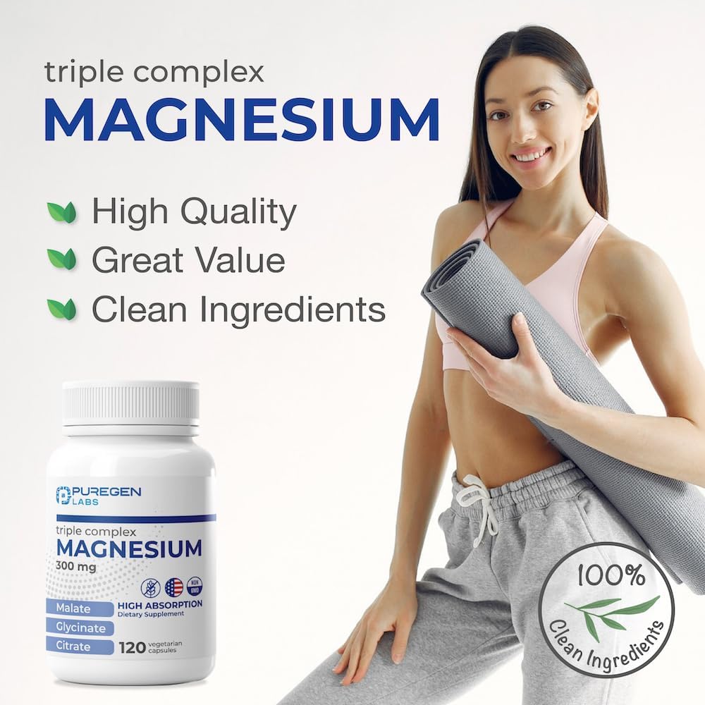 Puregen Labs Triple Magnesium Complex 300mg | High Absorption | 120 Veg Capsules | Non-GMO, Gluten-Free | Made in USA