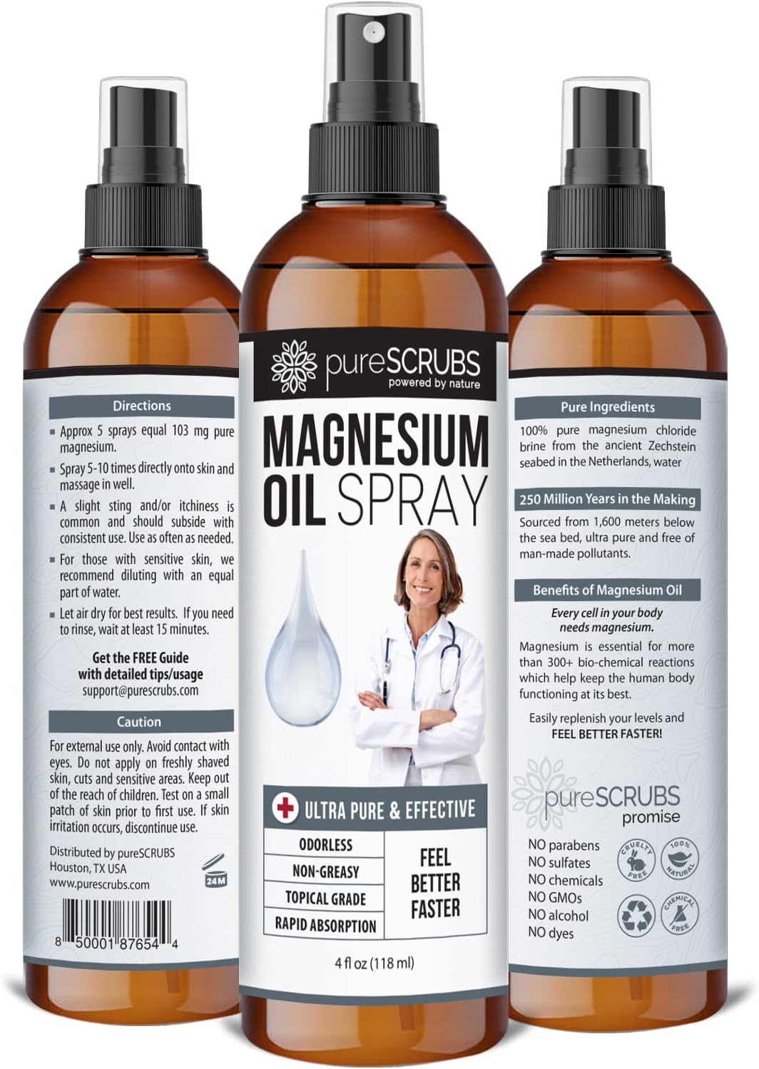 pureSCRUBS Pure Topical Magnesium Oil Spray - Fast Absorption for Feet, Skin & Body - 4 fl oz - Pure Zechstein Brine - Health Boost
