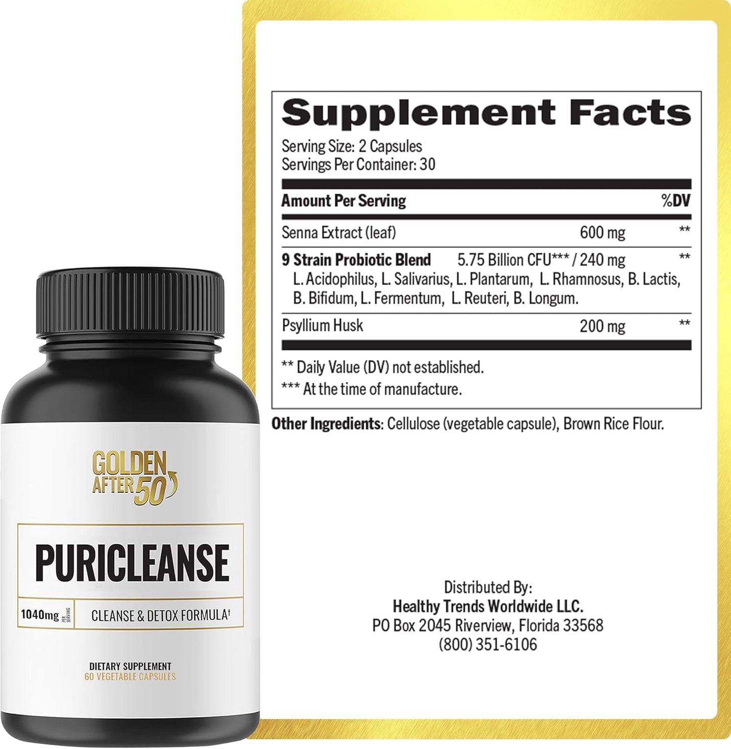 PuriCleanse Detox and Colon Cleanse Support - 60 Capsules, 1040mg - Gut Cleanse and Fiber Supplement for Men and Women - Golden After 50