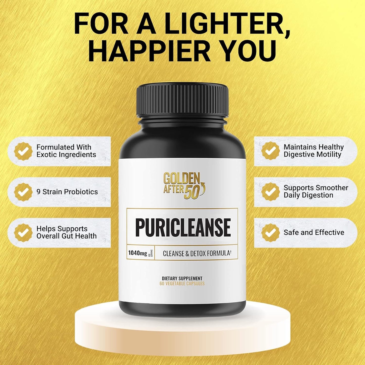 PuriCleanse Detox and Colon Cleanse Support - 60 Capsules, 1040mg - Gut Cleanse and Fiber Supplement for Men and Women - Golden After 50
