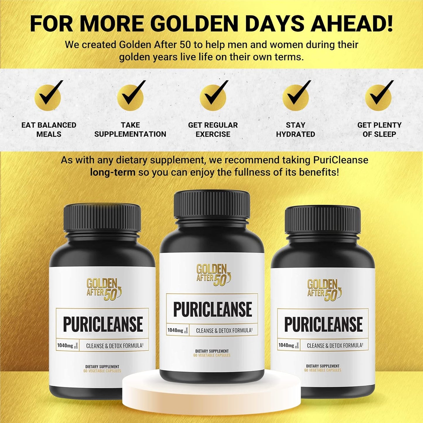 PuriCleanse Detox and Colon Cleanse Support - 60 Capsules, 1040mg - Gut Cleanse and Fiber Supplement for Men and Women - Golden After 50