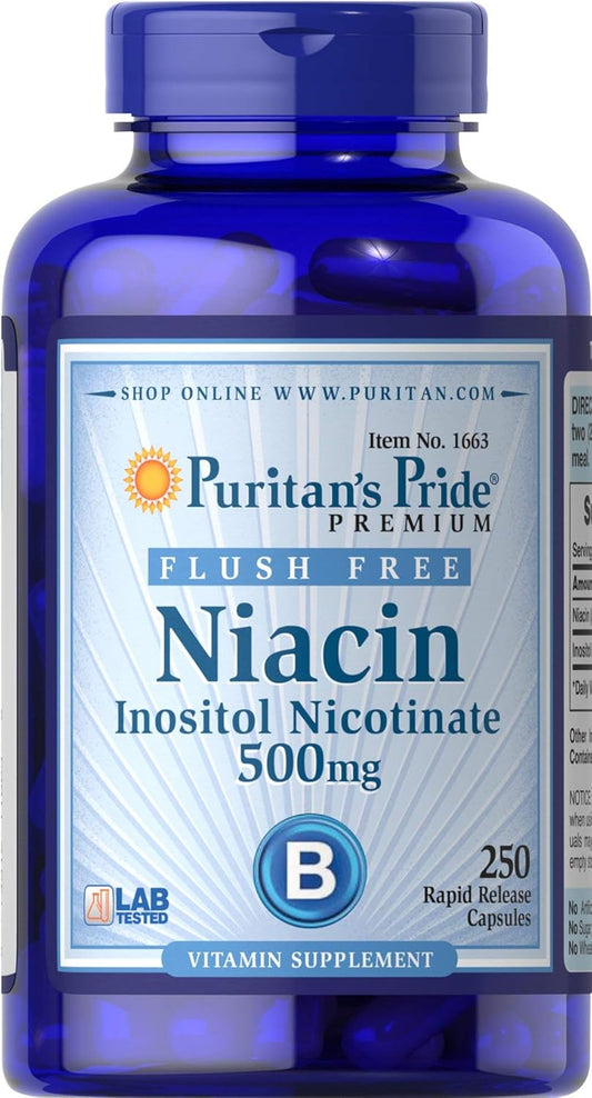 Puritan's Pride 500 Mg Flush Free Niacin Capsules, 250 Count Bottle