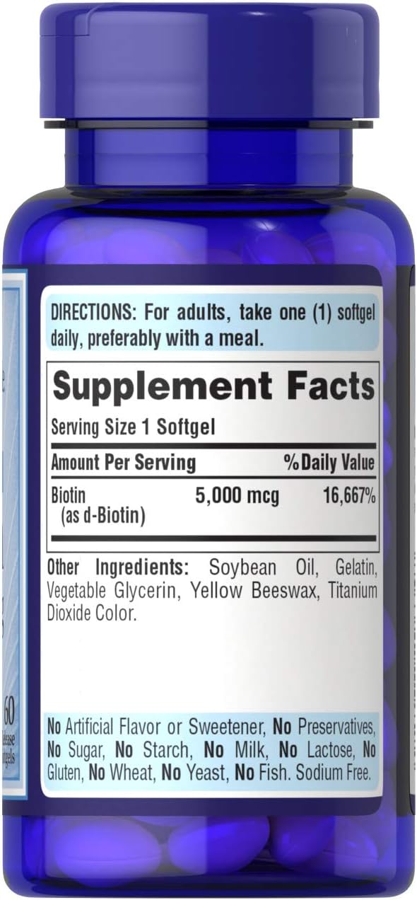 Puritans Pride Biotin 5,000 mcg Softgels for Skin, Hair, and Nails - 60 Count