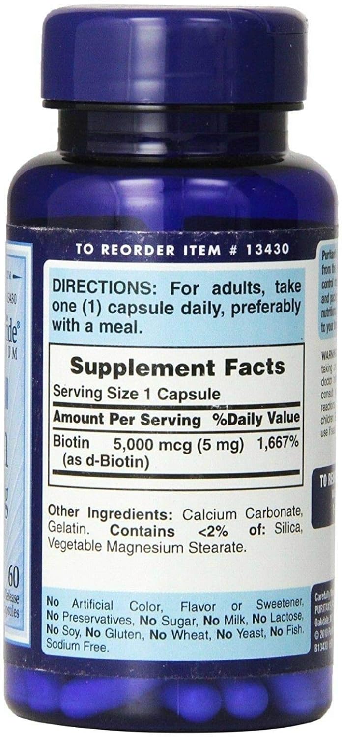 Puritan's Pride Super Biotin Vitamin Capsules 5000 Mcg - 60 Count Pack