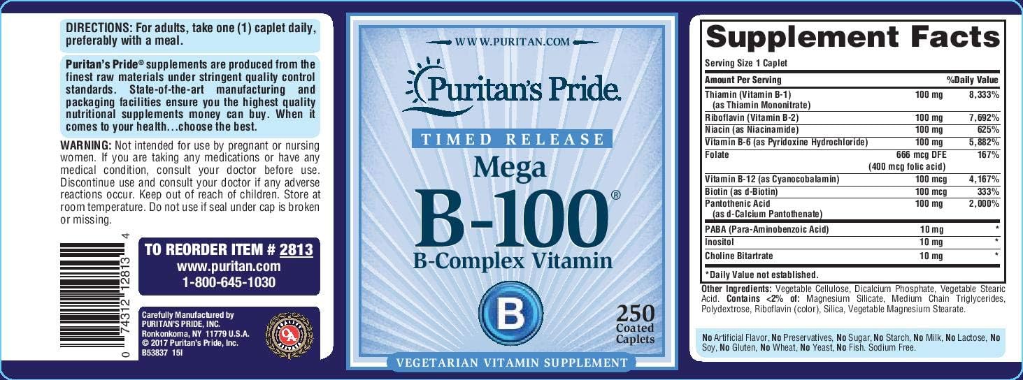 Puritan's Pride Vitamin B-100 Complex Timed Release Caplets for Energy Metabolism Support, 250 Count