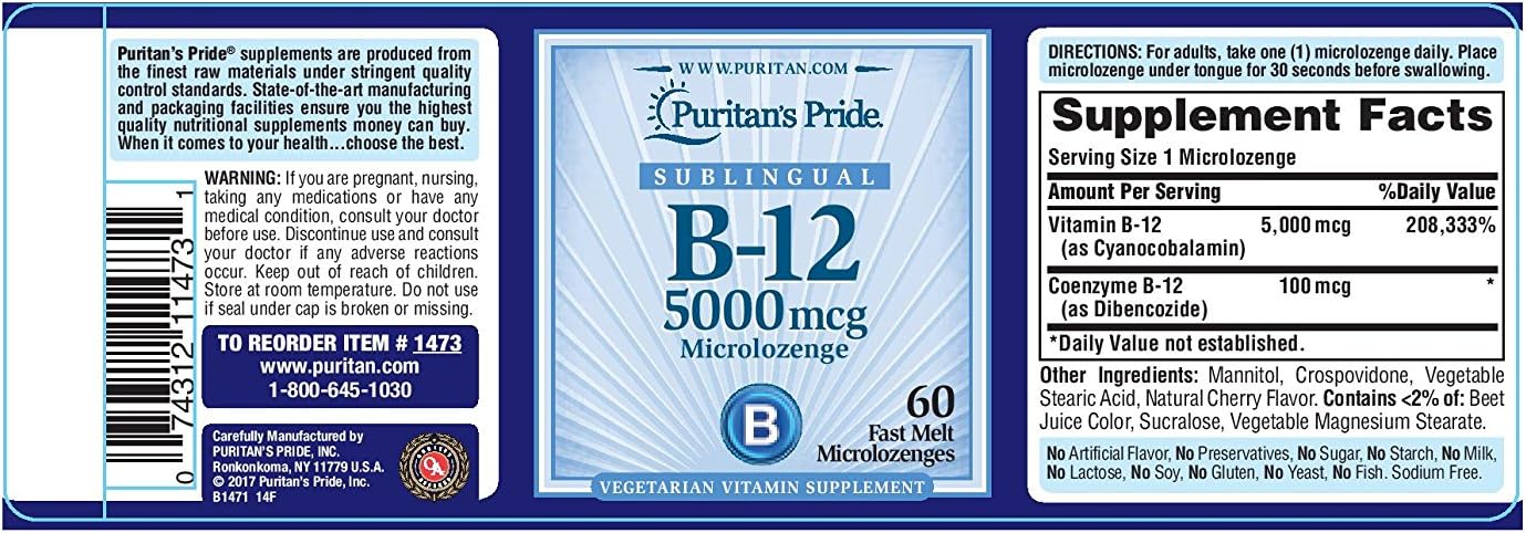 Puritan's Pride Vitamin B-12 5000 Mcg Sublingual Microlozenges - 60 Count Pack - Energy Conversion Support