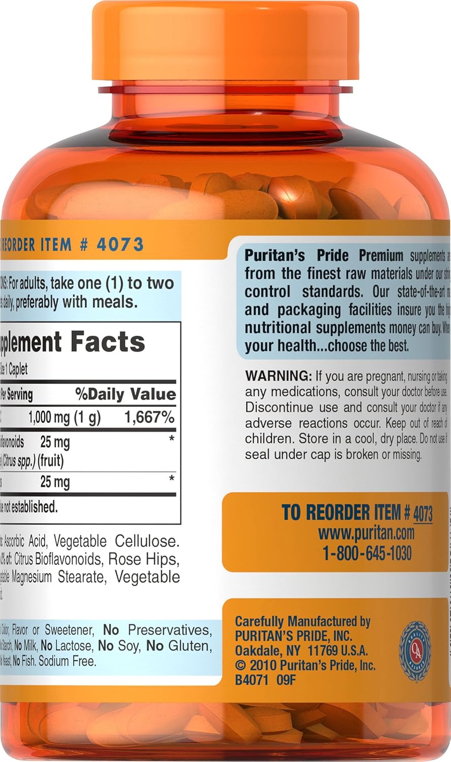 Puritan's Pride Vitamin C 1000mg with Rose Hips 250 Caplets for Immune Support