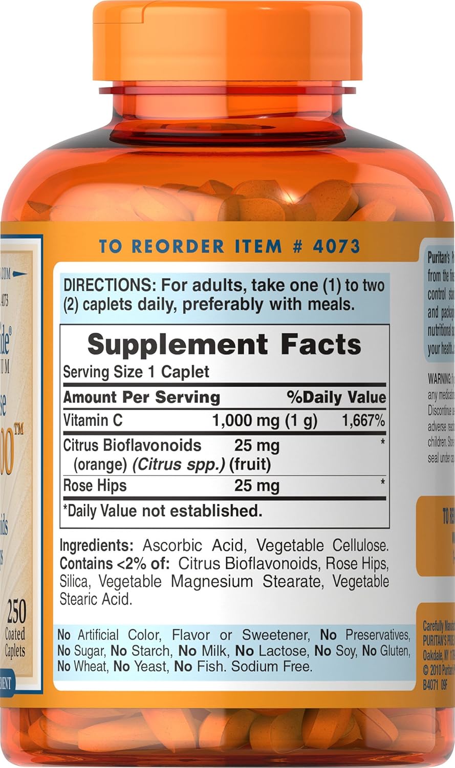 Puritan's Pride Vitamin C 1000mg with Rose Hips 250 Caplets for Immune Support