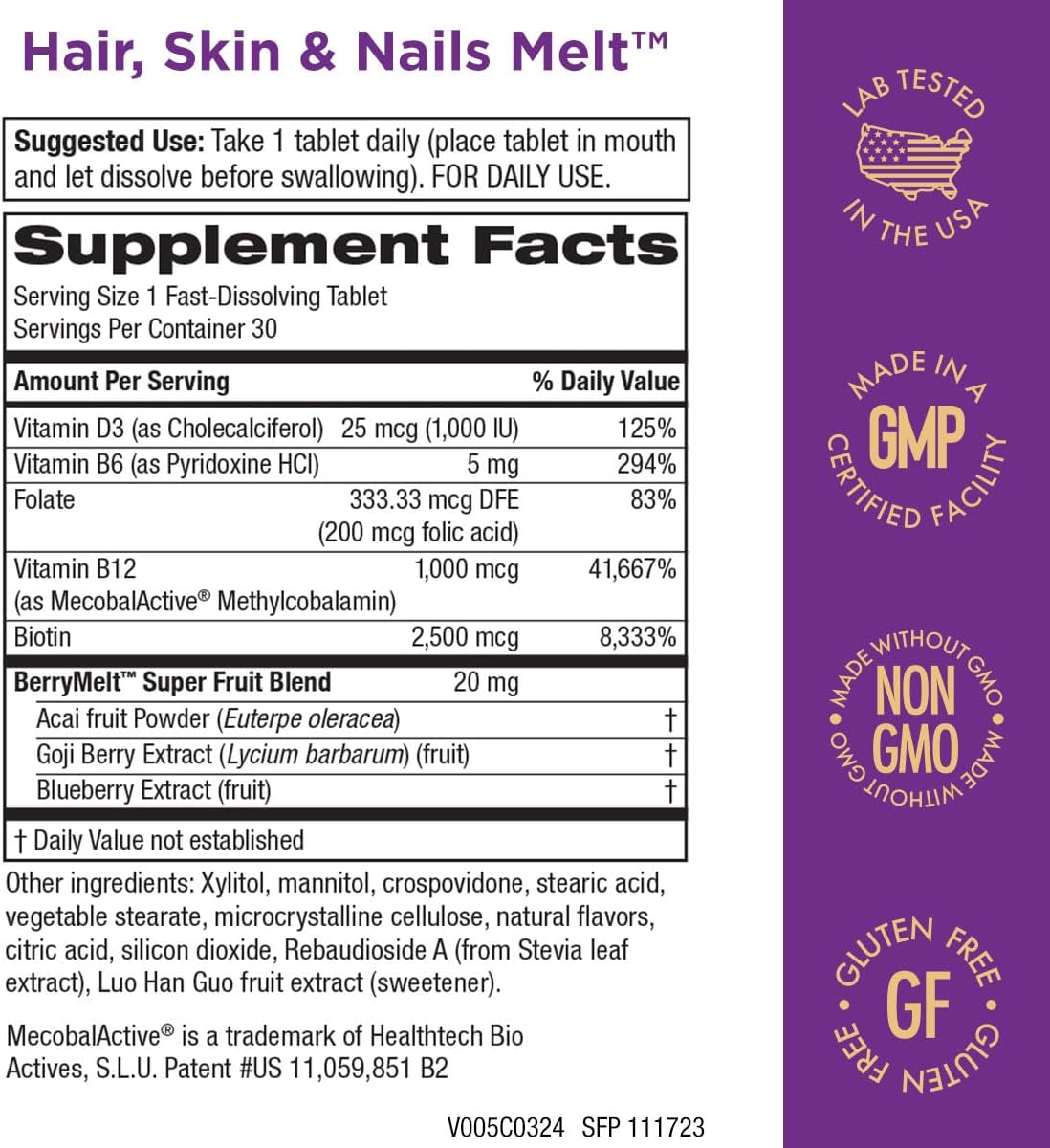 Purity Products Berry Lemonade Hair, Skin, Nails Energy Melt with B-12 and Biotin - 30 Tablets