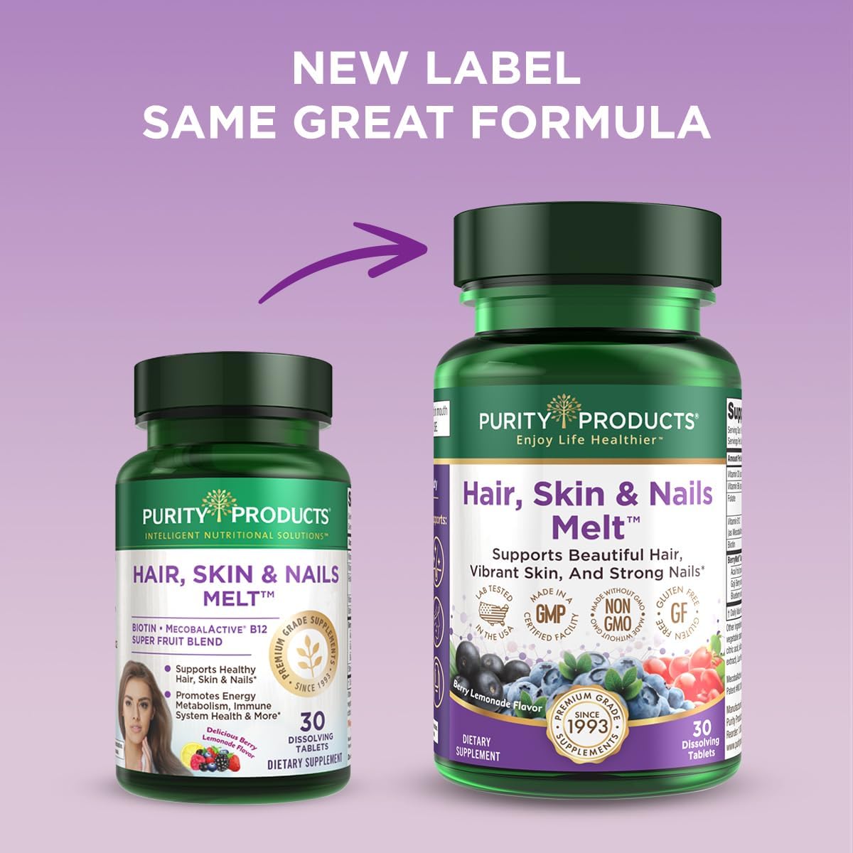 Purity Products Berry Lemonade Hair, Skin, Nails Energy Melt with B-12 and Biotin - 30 Tablets