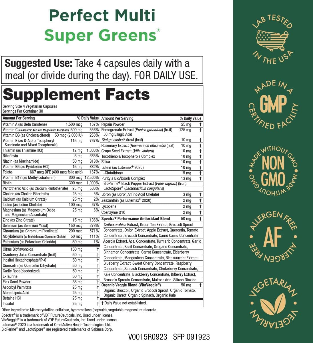 Purity Products Perfect Multi Super Greens 120 Count Dietary Supplement for Health and Nutrition