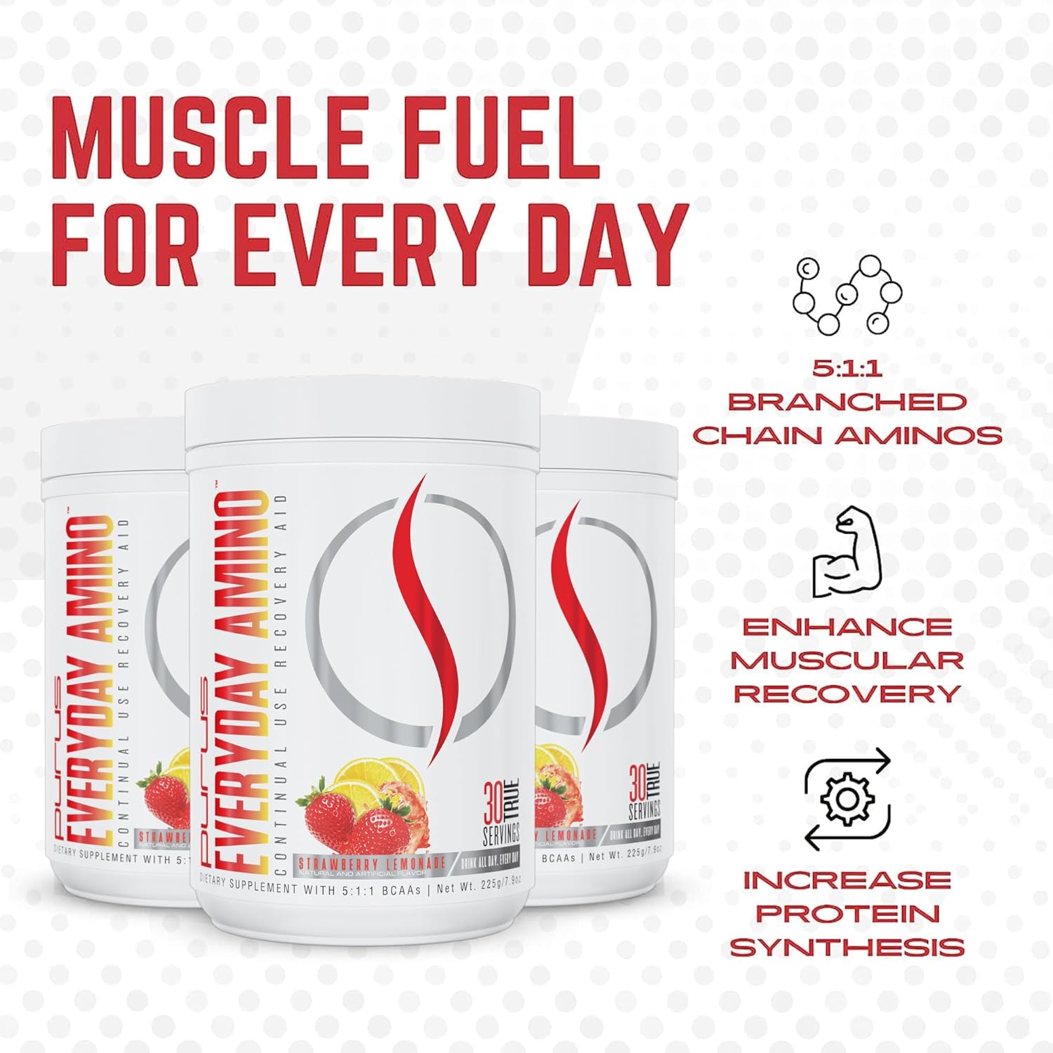 Purus Labs Everyday Amino BCAA Powder - Strawberry Lemonade Flavor - 30 Servings - Sugar & Gluten Free - Muscle Hydration & Recovery Amino Acids