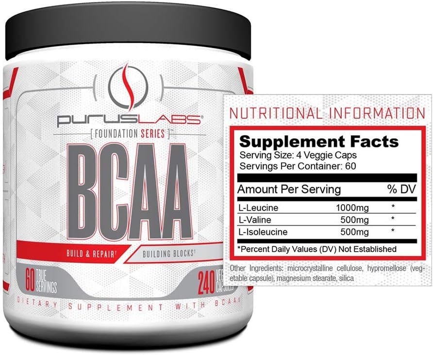 Purus Labs Foundation Series BCAA Capsules | 2:1:1 Ratio for Recovery, Endurance, Strength | 240 Capsules