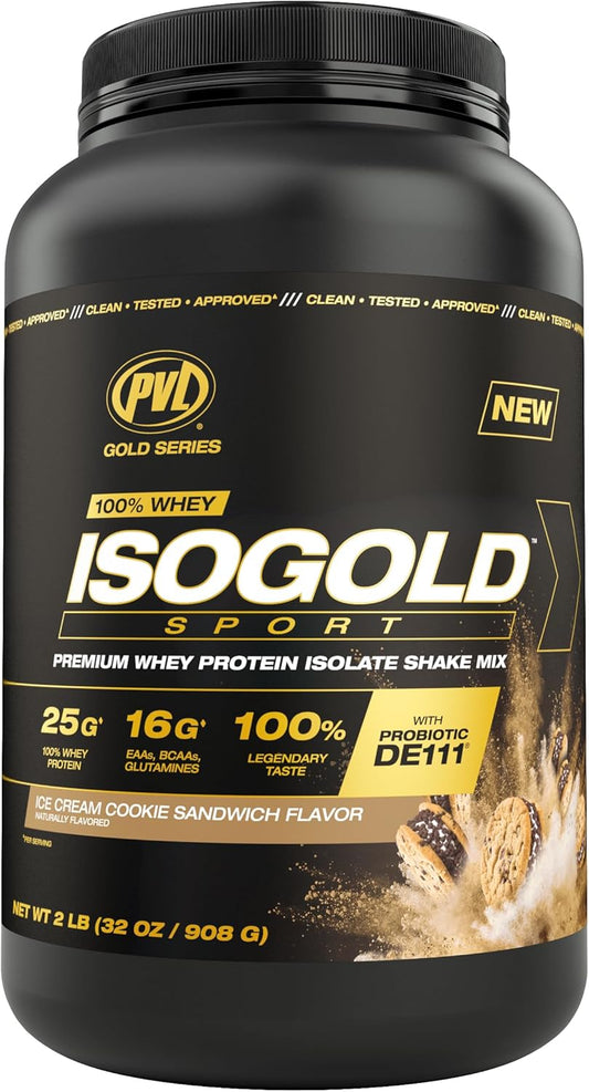 PVL Gold Series Whey ISOGOLD Sport - Premium Protein Shake Mix - 2 LB - Ice Cream Cookie Sandwich Flavor