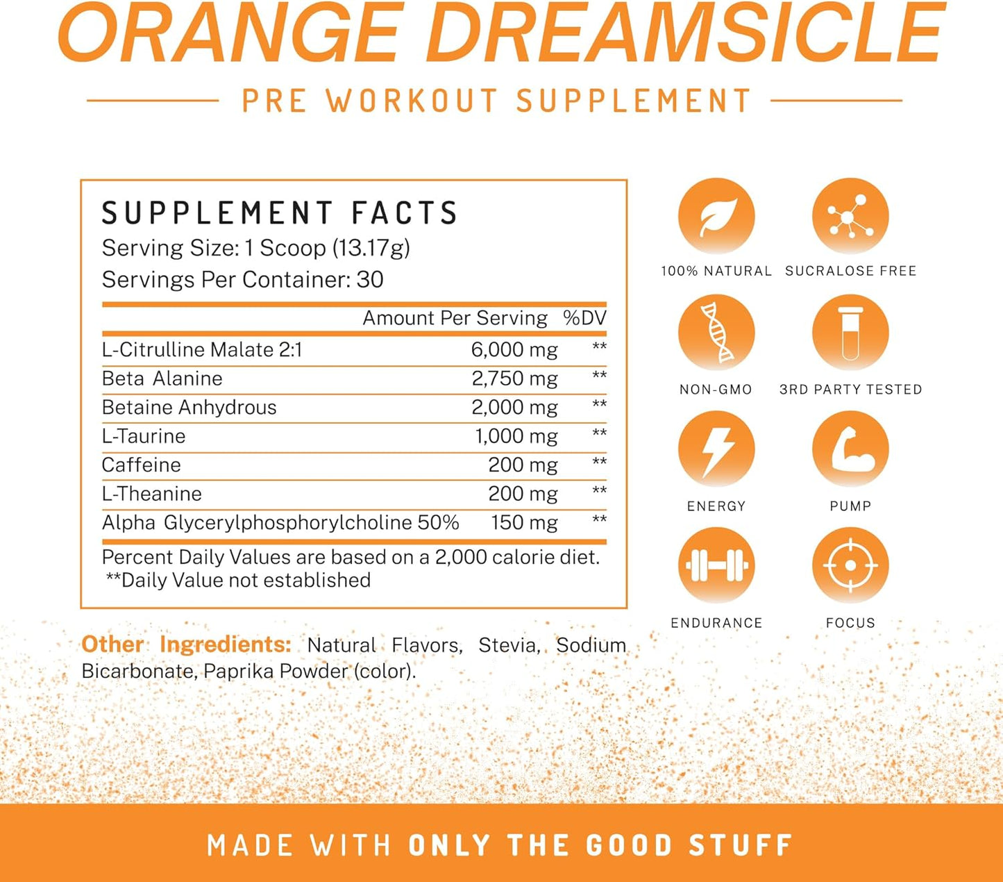 PWDRS PRE Pre-Workout Powder - Orange Dreamsicle Flavor with Caffeine for Energy, Pump, Endurance, Focus, and Strength