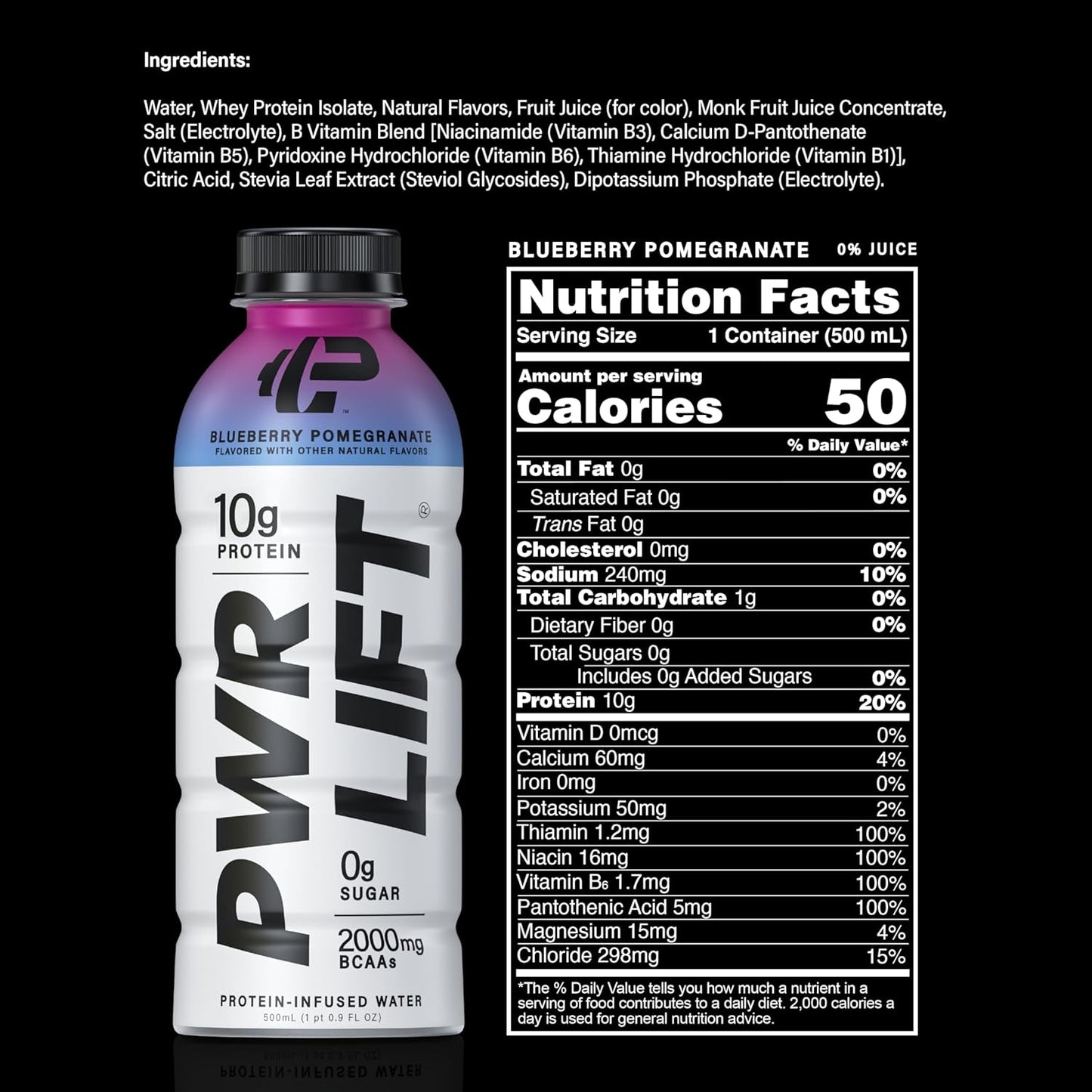 PWR LIFT Blueberry Pomegranate Whey Protein Water Sports Drink - Keto-Friendly Post-Workout Energy Beverage with Electrolytes and Vitamin B - 16.9 Oz (Pack of 12)