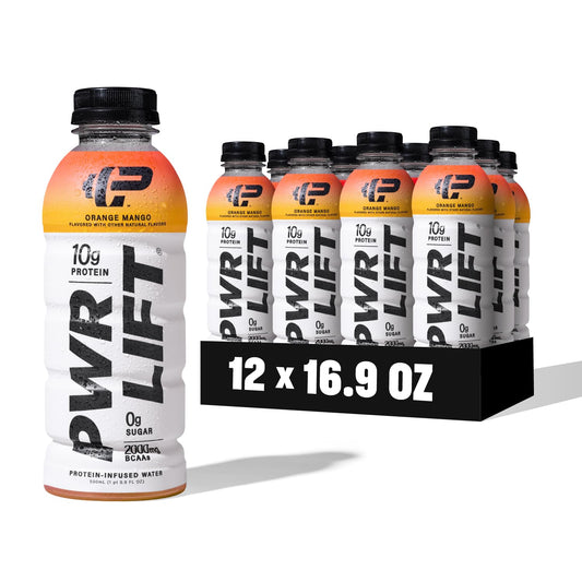 PWR LIFT Orange Mango Whey Protein Water Sports Drink | Keto, Vitamin B, Electrolytes | Zero Sugar, 10g Protein | Post-Workout Energy Beverage | 16.9oz (12 Pack) - BoostGo Australia