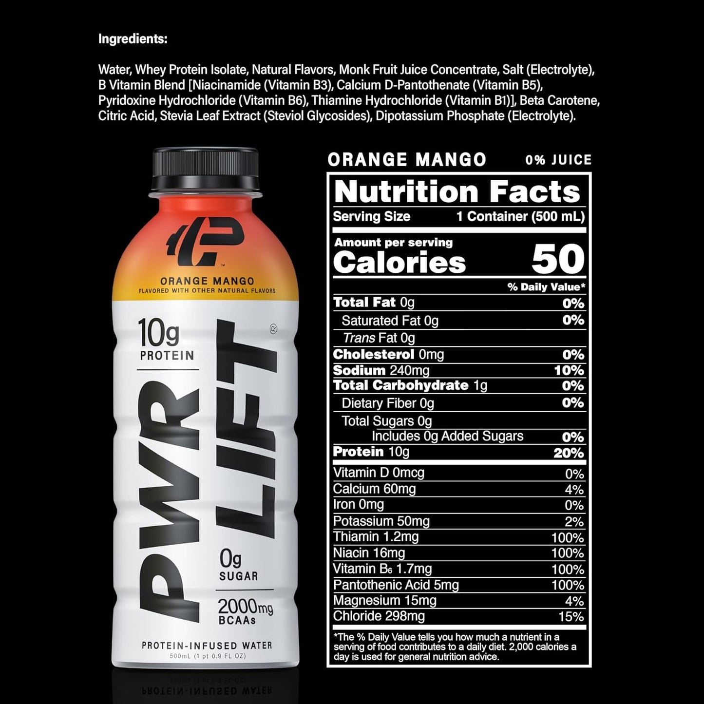 PWR LIFT Orange Mango Whey Protein Water Sports Drink | Keto, Vitamin B, Electrolytes | Zero Sugar, 10g Protein | Post-Workout Energy Beverage | 16.9oz (12 Pack) - BoostGo Australia