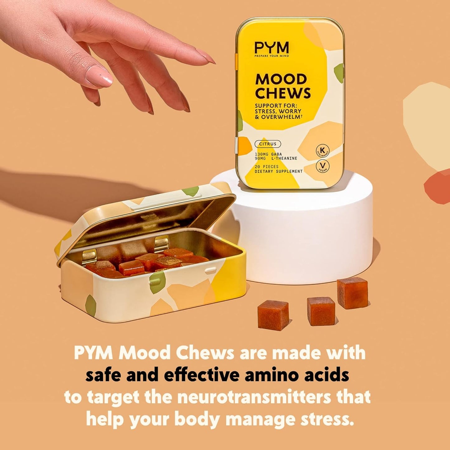 PYM Citrus Mood Chews with GABA & L-Theanine for Stress Relief - 120 Count | Vegan, Non-GMO, Gluten-Free | All-Natural Mood Support Supplement