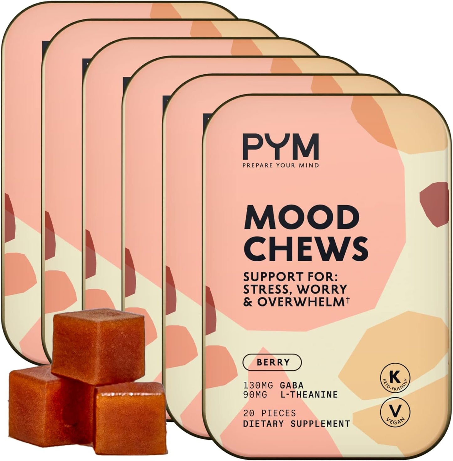 PYM Health Berry Mood Chews - Natural Stress & Anxiety Relief, 120 Count | Vegan, Non-GMO, Gluten-Free | Mood Balance Supplement with GABA & L-Theanine from USA