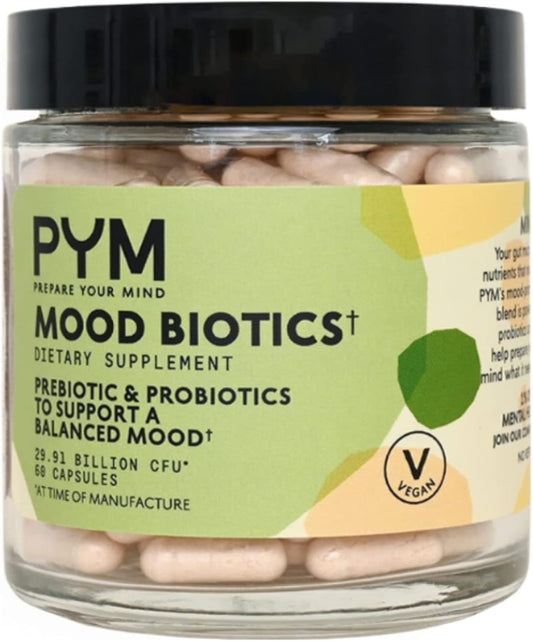 PYM Health Mood Biotics Supplement with 22.91 Billion CFU - 60 Count Vegan Probiotics & Prebiotics for Gut Health & Mood Support