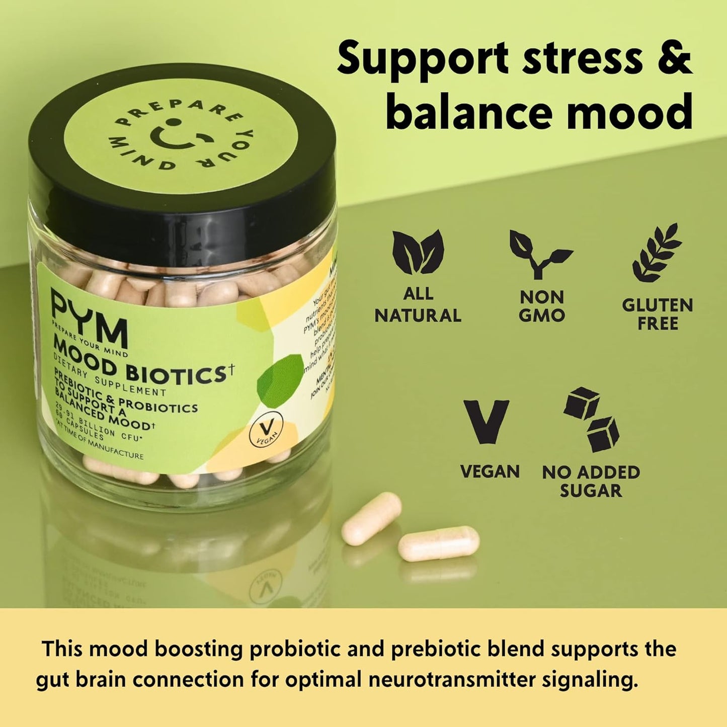PYM Health Mood Biotics Supplement with 22.91 Billion CFU - 60 Count Vegan Probiotics & Prebiotics for Gut Health & Mood Support