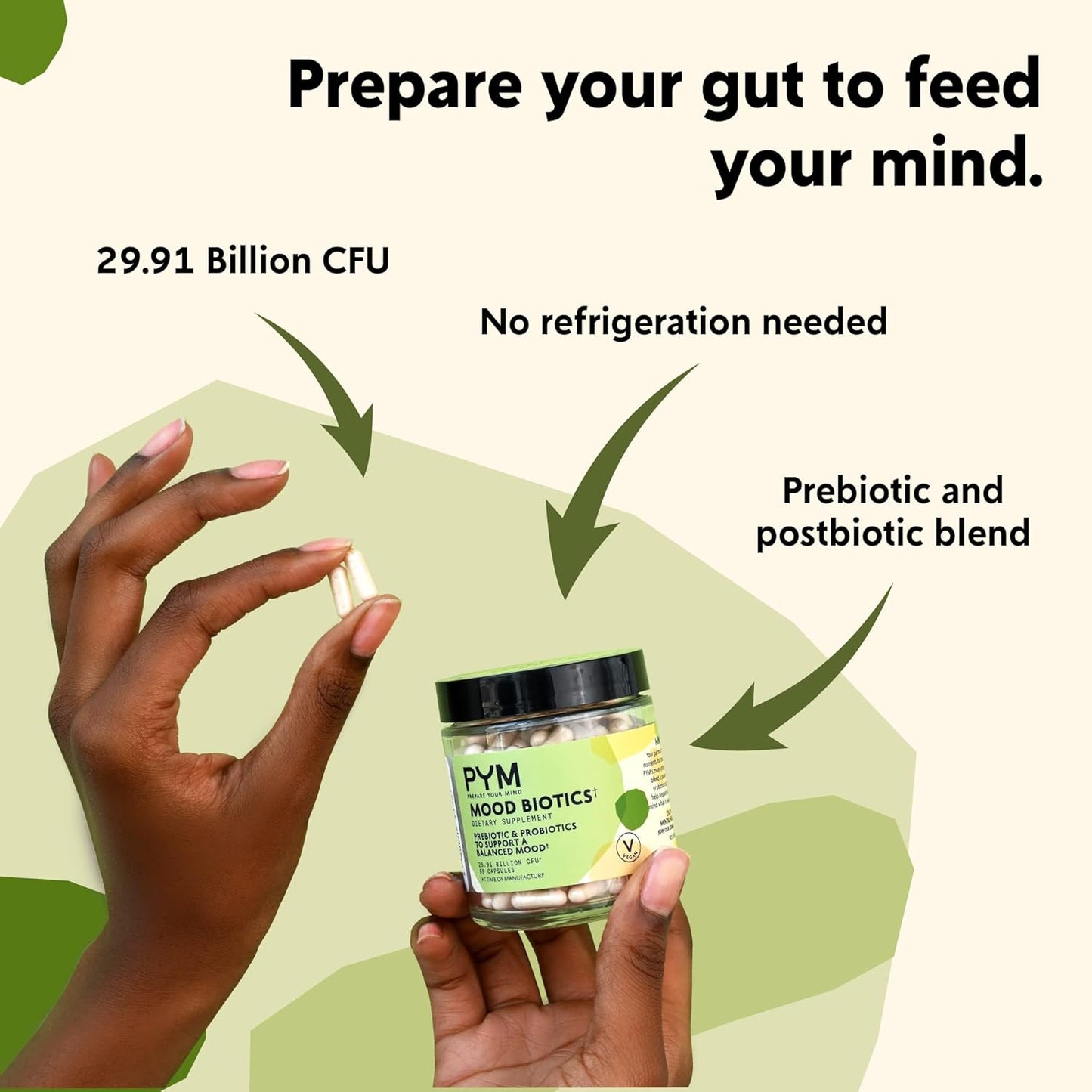 PYM Health Mood Biotics Supplement with 22.91 Billion CFU - 60 Count Vegan Probiotics & Prebiotics for Gut Health & Mood Support