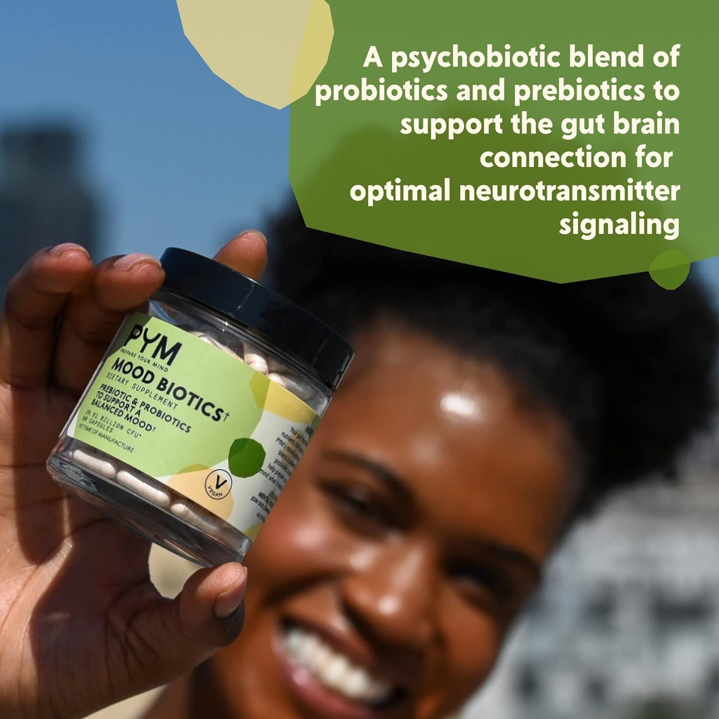 PYM Health Mood Biotics Supplement with 22.91 Billion CFU - 60 Count Vegan Probiotics & Prebiotics for Gut Health & Mood Support